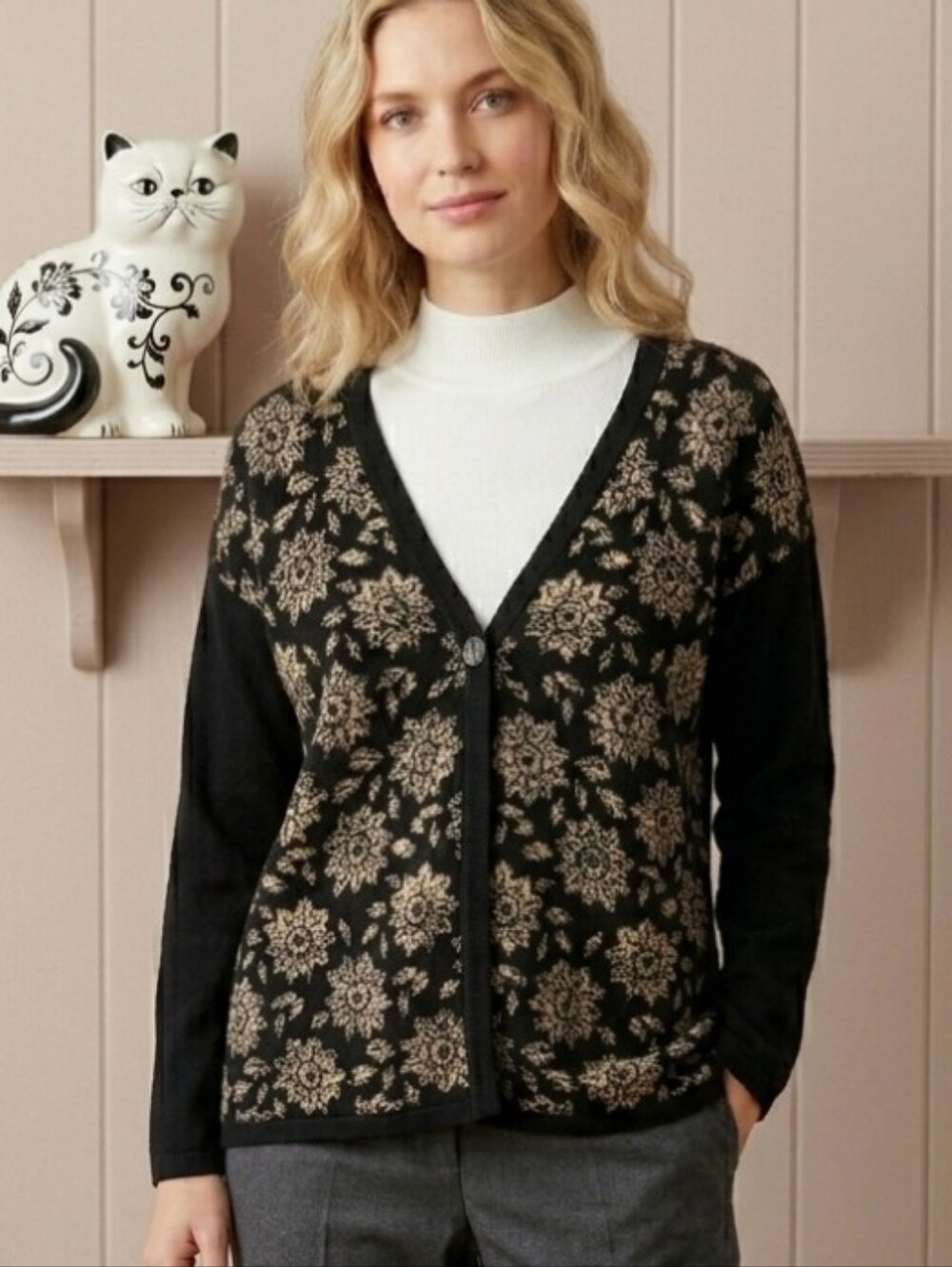 J. Jill Cardigan Large Floral Black Flowers Boho Chic Soft Grunge Boxy Cozy